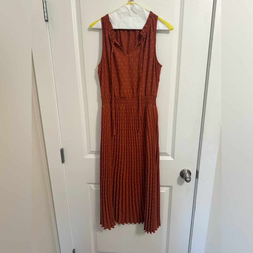 Burnt Orange Swiss Dots Accordion Skirt Dress
